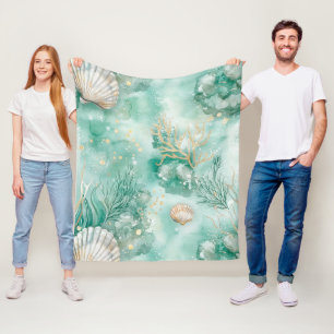 Elegant Gold Coral & Seashell Watercolor Art Fleece Blanket
