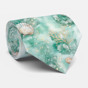 Elegant Gold Coral & Seashell Watercolor Art Tie