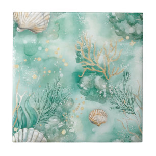 Elegant Gold Coral & Seashell Watercolor Art Tile