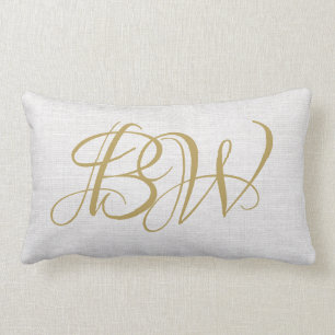 Elegant Gold Couples Monogram Initials White Linen Lumbar Cushion