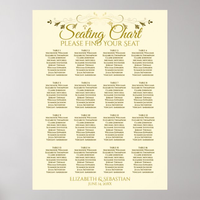 Elegant Gold Cream 16 Table Wedding Seating Chart (Front)