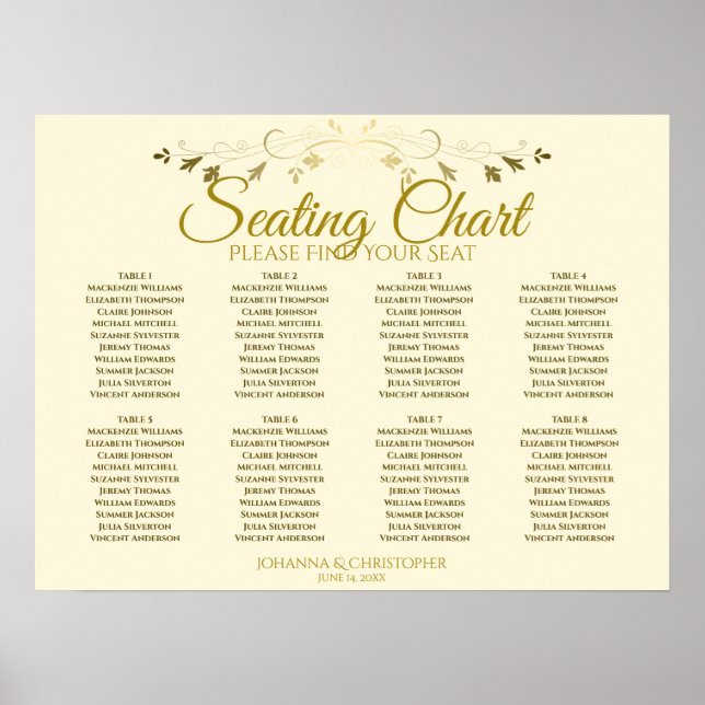 Elegant Gold & Cream 8 Table Wedding Seating Chart (Front)