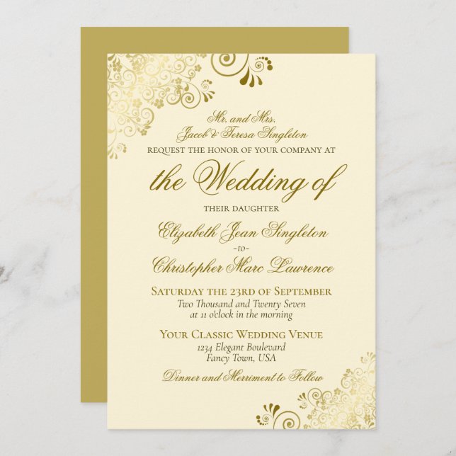 Elegant Gold & Cream Classic Style Formal Wedding Invitation (Front/Back)
