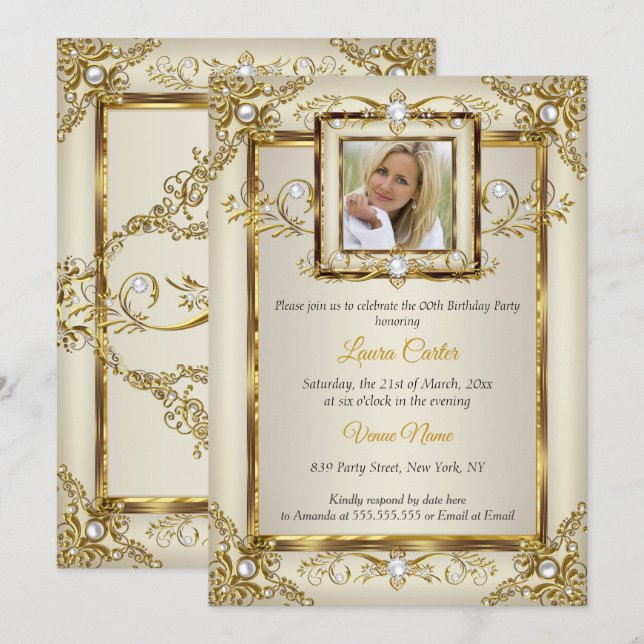 Elegant Gold Cream Pearl Damask Photo Birthday Invitation (Front/Back)