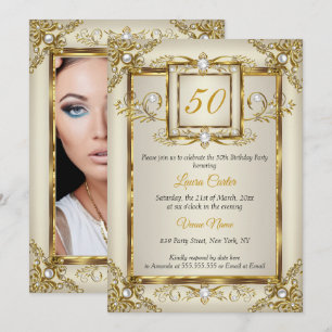 Elegant Gold Cream Pearl Photo Birthday party Invitation