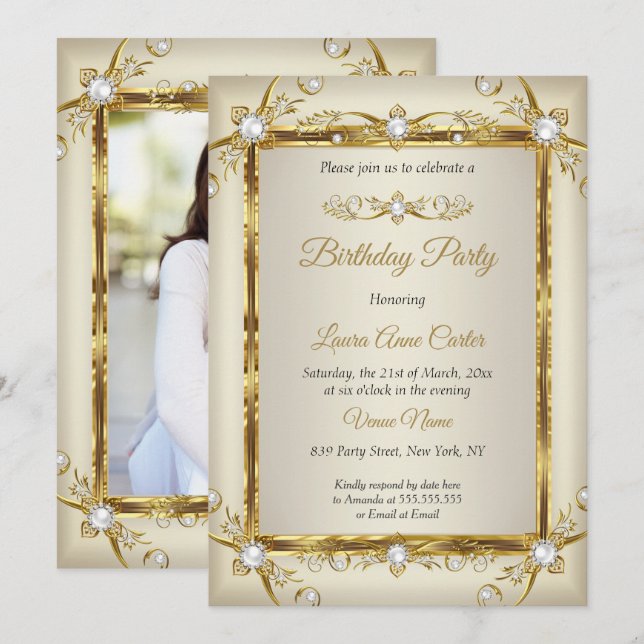 Elegant Gold Cream Pearl Photo Birthday Party Invitation (Front/Back)
