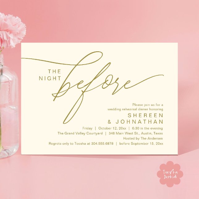 Elegant Gold Cream Script Wedding Rehearsal Dinner Invitation (Elegant Script Wedding Rehearsal Dinner Invitation Card in Yellow Gold Cream)