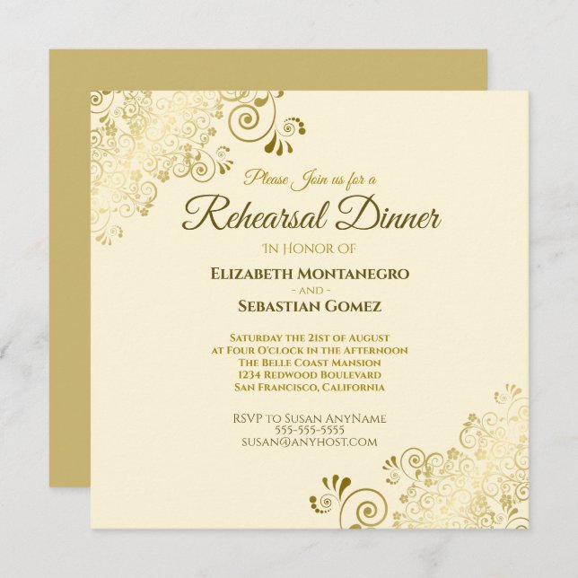 Elegant Gold Cream Wedding Rehearsal Dinner Square Invitation (Front/Back)