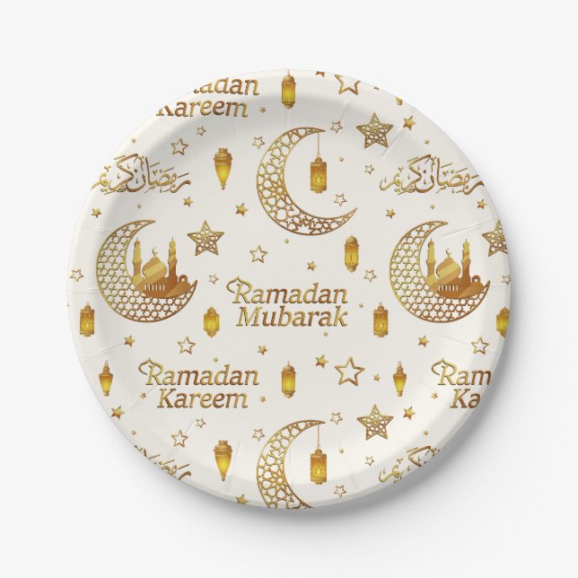 Elegant Gold Crescent Ramadan Iftar Party Paper Plate (Front)