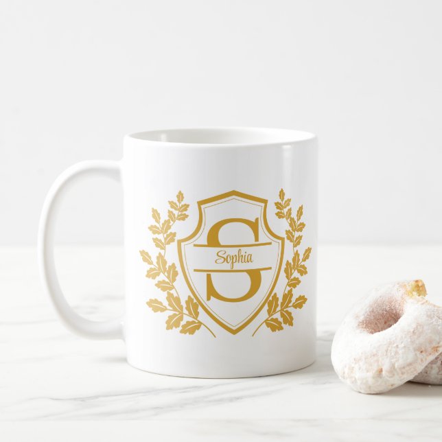 Elegant Gold Crest Monogram and Name Split Letter Coffee Mug (With Donut)