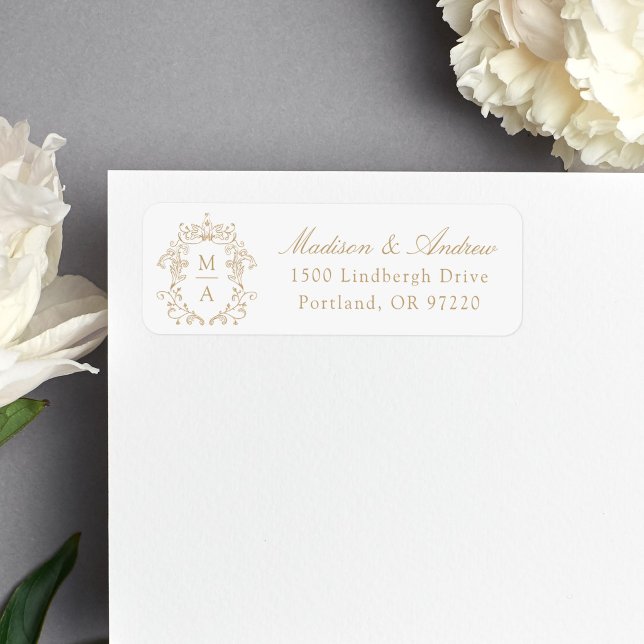 Elegant Gold Crest Monogram Wedding Return Address (Creator Uploaded)