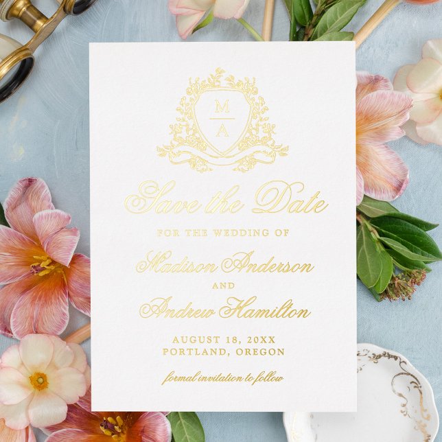 Elegant Gold Crest Monogram Wedding Save The Date (Creator Uploaded)