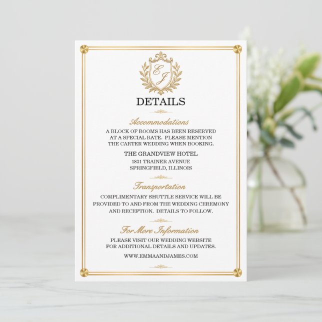 Elegant Gold Crest Wedding Details Card (Standing Front)