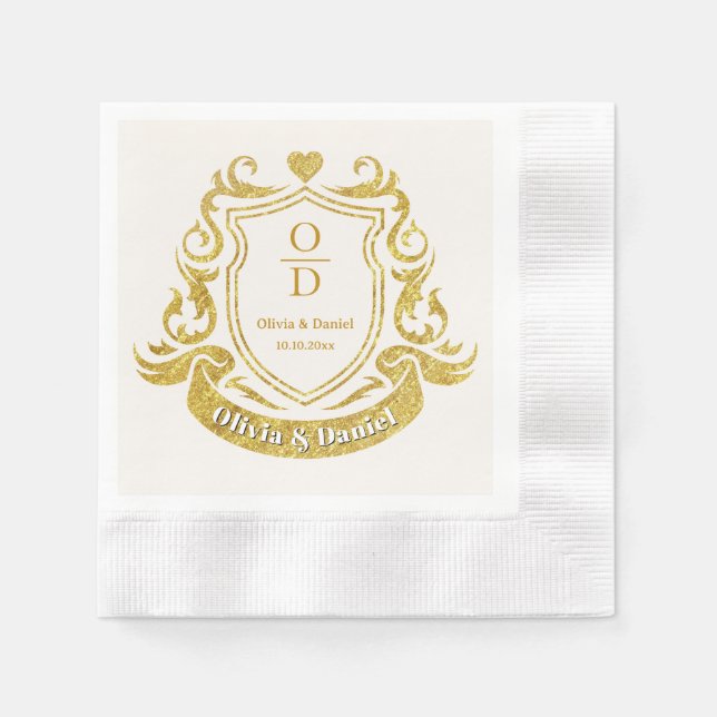 Elegant Gold Crest Wedding I Monogram & Date  Napkin (Front)