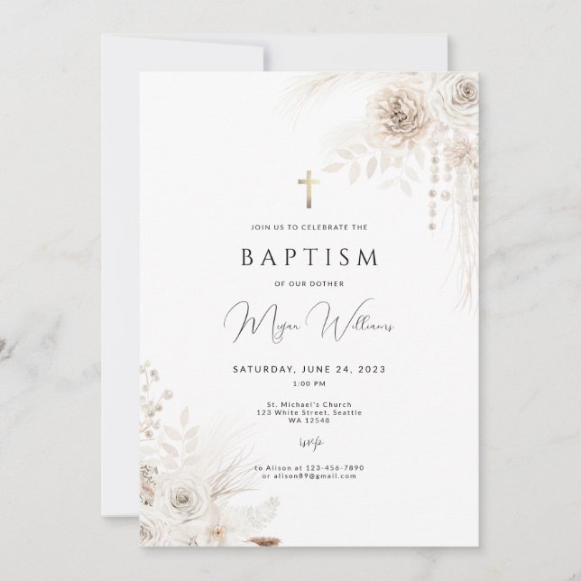 Elegant Gold Cross and peals girl Baptism Invitation (Front)