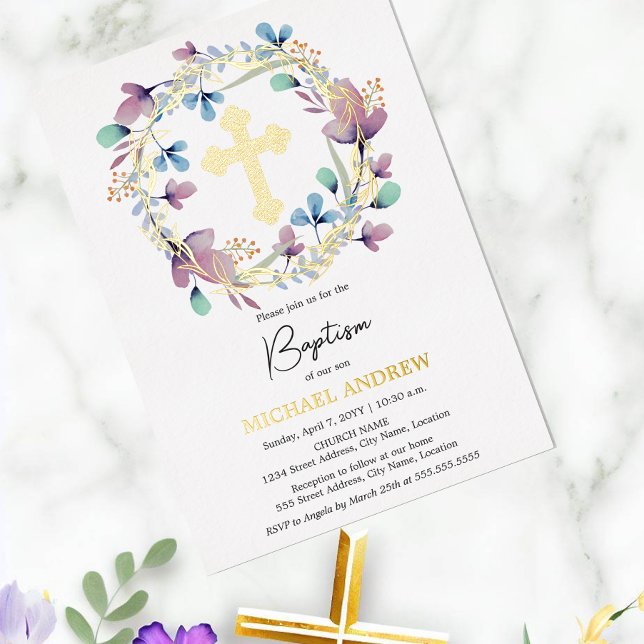 Elegant Gold Cross Baptism Floral (Elegant floral wreath, with real gold foil cross and name, baptism invitation.)