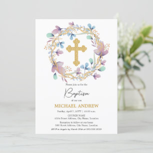 Elegant Gold Cross Baptism Floral Invitation