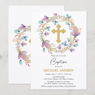 Elegant Gold Cross Baptism Floral Invitation