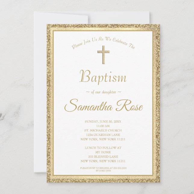 Elegant Gold Cross Baptism Gender Neutral Invitation (Front)