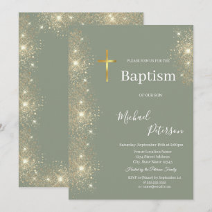 Elegant Gold Cross Baptism Glitter Sage Green Invitation