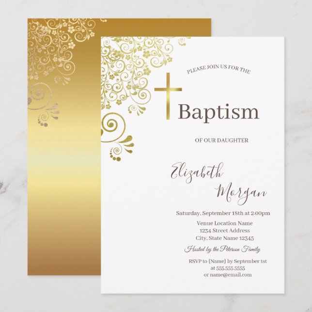 Elegant Gold Cross Baptism Gold Floral Lace Invitation (Front/Back)