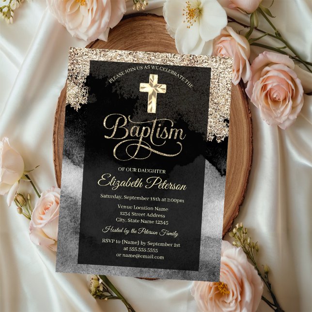 Elegant Gold Cross Baptism Invitation (Creator Uploaded)
