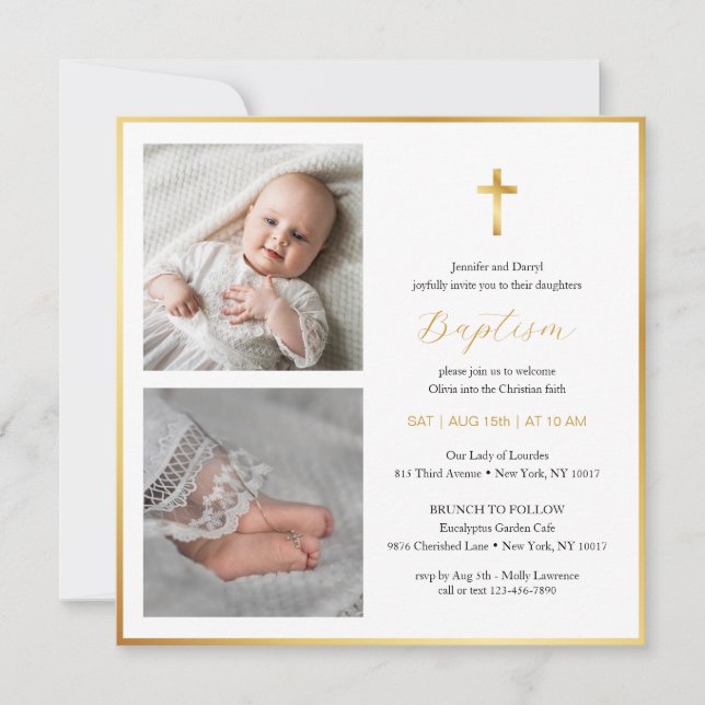 Elegant Gold Cross Baptism | Modern Script Invitation (Front)