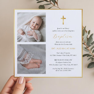 Elegant Gold Cross Baptism Modern Script Invitation