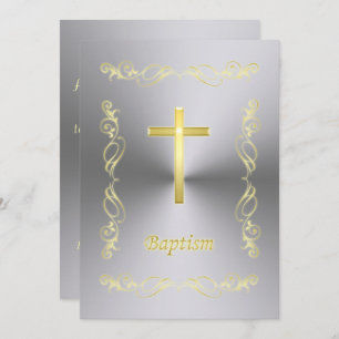 Elegant Gold Cross Baptism on metal background Inv Invitation