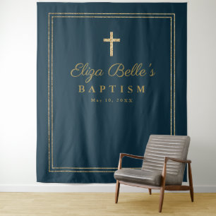 Elegant Gold Cross Baptism Photo Booth Backdrop Tapestry