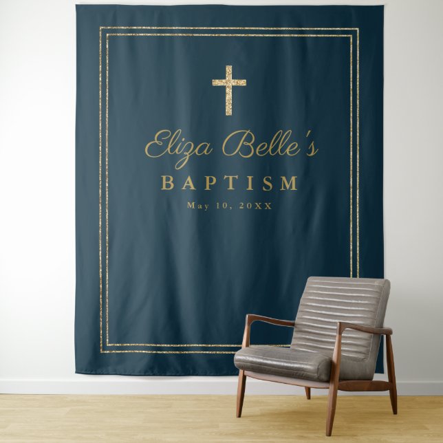 Elegant Gold Cross Baptism Photo Booth Backdrop Tapestry (In Situ)