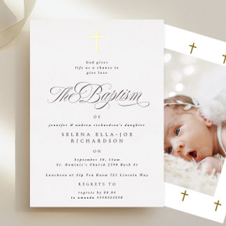 Elegant Gold Cross Baptism Photo Invitation