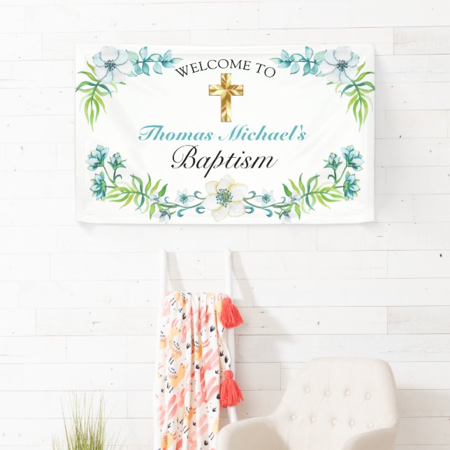 Elegant Gold Cross Baptism Reception Welcome Banner (Insitu)