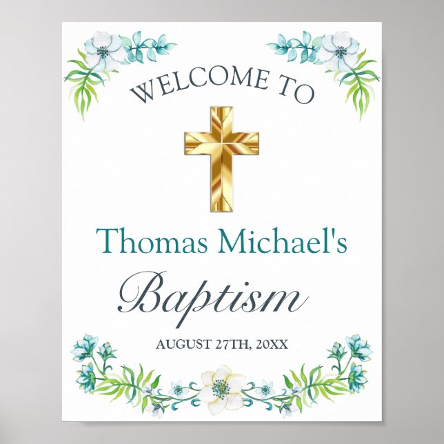 Elegant Gold Cross Baptism Reception Welcome Sign (Front)