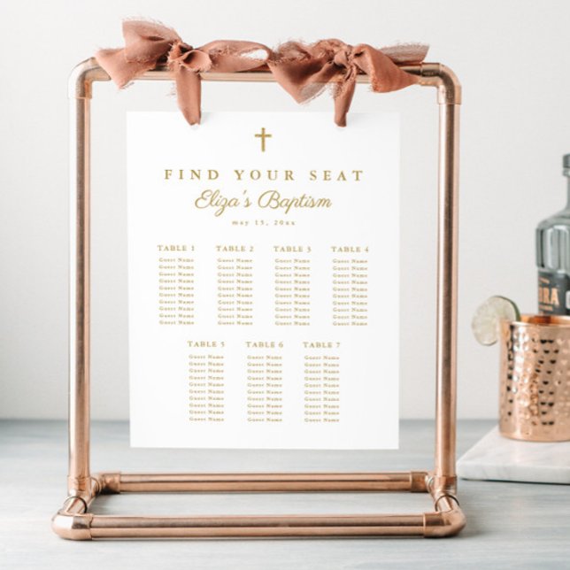 Elegant Gold Cross Baptism Seating Chart (Simple gold glitter cross baptism seating chart.)