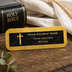 Elegant Gold Cross Black Velvet Welcome  Name Tag