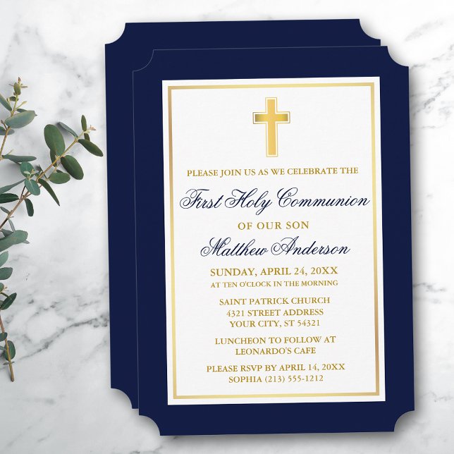 Elegant Gold Cross Blue First Communion Invitation (Customize to change text size, style, color or to add more text or photos to back of card.)