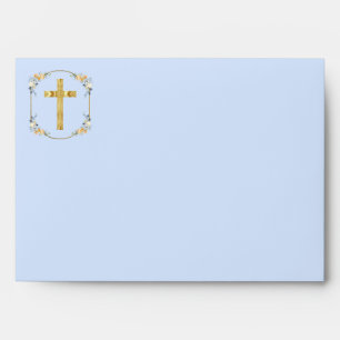 Elegant Gold Cross Blue Floral 1st Holy Communion Envelope