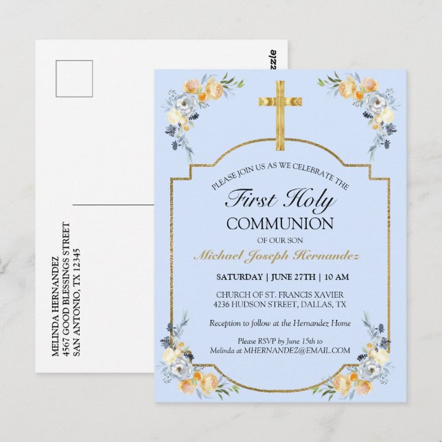 Elegant Gold Cross Blue Floral 1st Holy Communion Postcard (Front/Back)