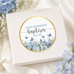 Elegant Gold Cross Blue Floral Baptism Classic Round Sticker