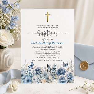 Elegant Gold Cross Blue Floral Baptism Invitation