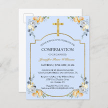Elegant Gold Cross Blue Floral Confirmation Invita