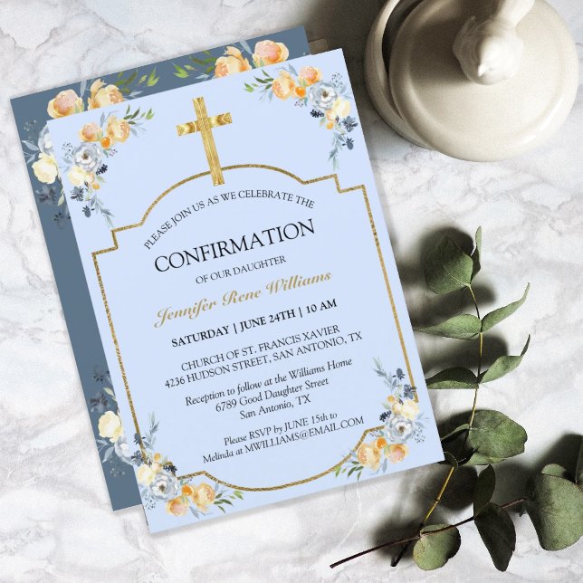 Elegant Gold Cross Blue Floral Confirmation Invitation (Creator Uploaded)