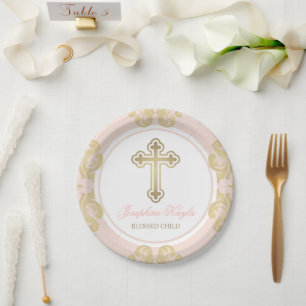 Elegant Gold Cross Blush Damask Girl Baptism Paper Plate