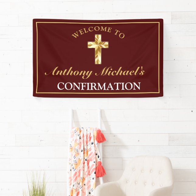 Elegant Gold Cross Burgundy Boys Confirmation Banner (Insitu)