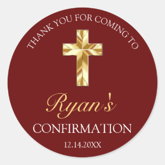 Elegant Gold Cross Burgundy Confirmation Thank You Classic Round Sticker