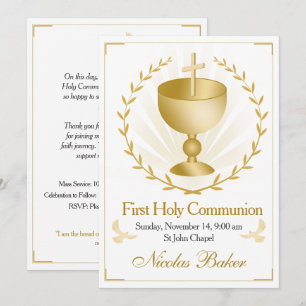 Elegant Gold Cross Chalice First Holy Communion Invitation