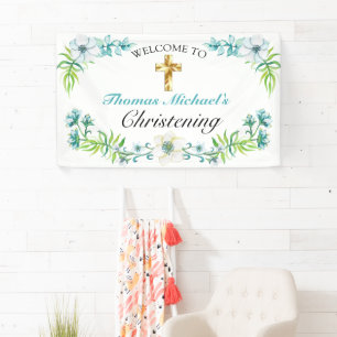 Elegant Gold Cross Christening Reception Welcome Banner