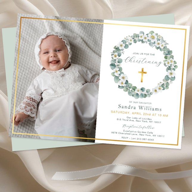 Elegant Gold Cross Eucalyptus Greenery Photo  Invitation (Elegant Baptism Invitation)