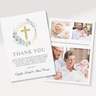 Elegant  Gold Cross Eucalyptus Photo Baptism Thank You Card